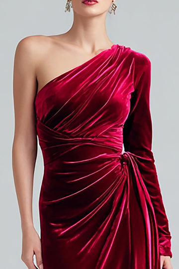 Burgundy Mermaid One Shoulder Velvet Ruched Long Formal Dress